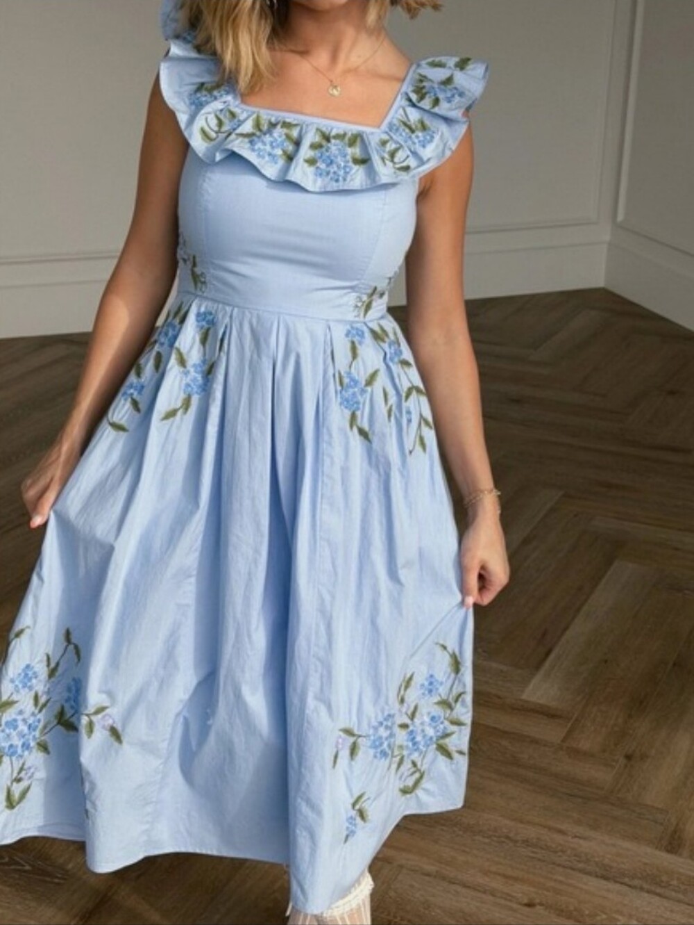 JessaKae Floral Embroidered Midi Dress Blue Romantic Cottagecore Large